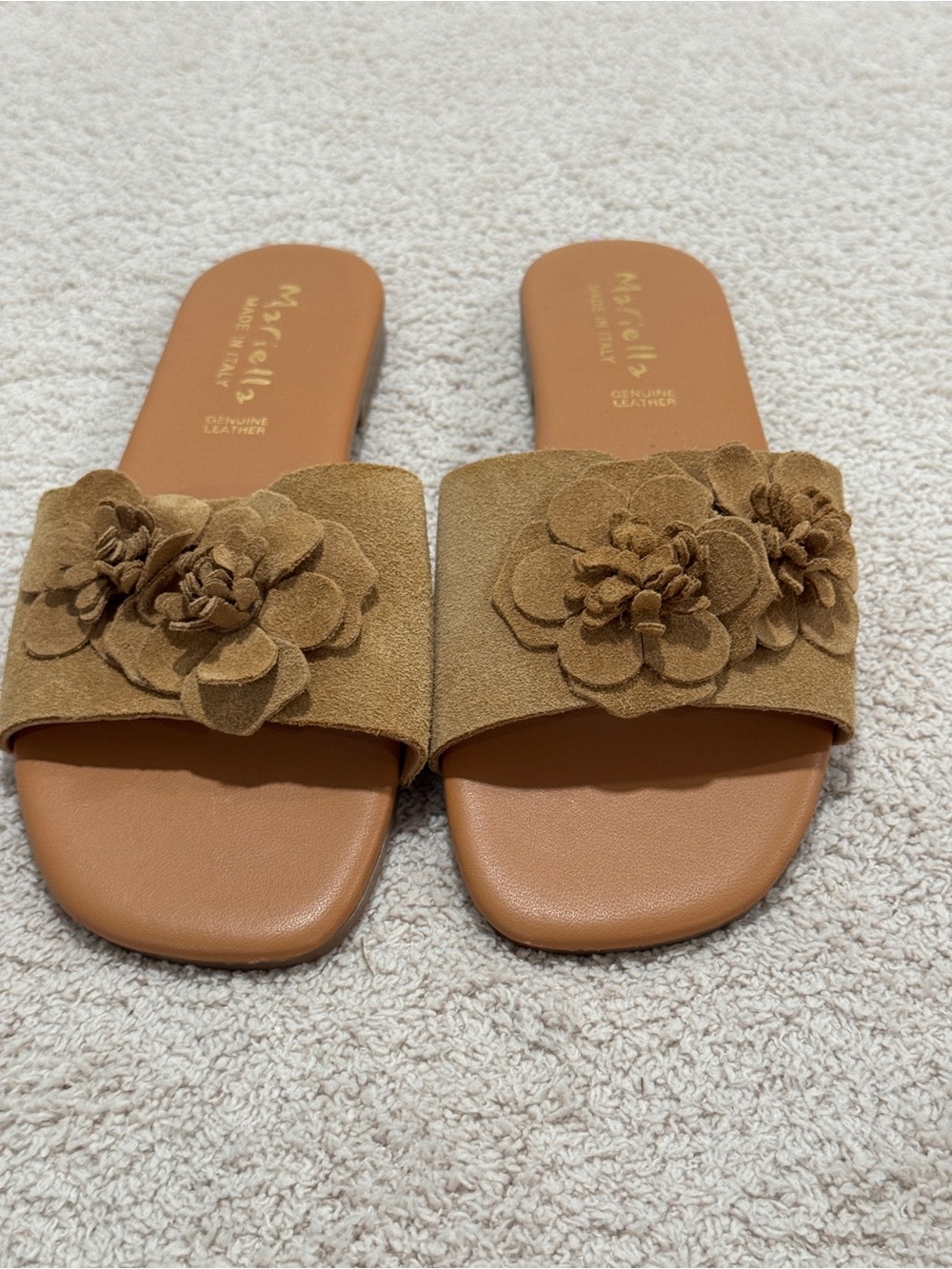 Mariella Made in Italy Leather Slides Suede Floral Strap Women’s Size 9 NWOB